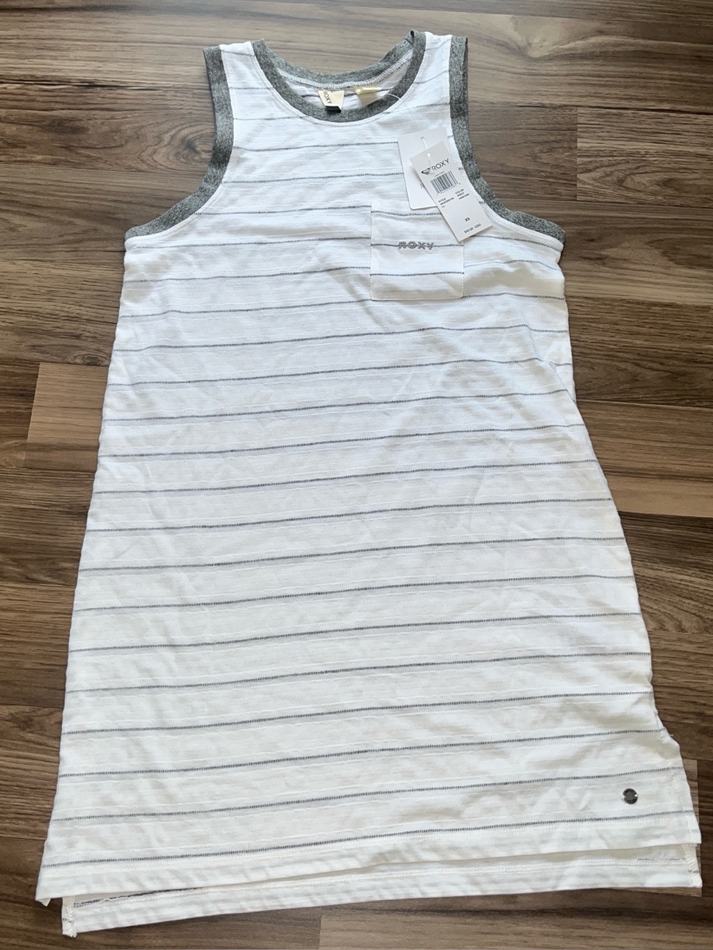 Roxy Living Free Tank Dress Striped White Grey Ringer Tee Pocket XS NWT